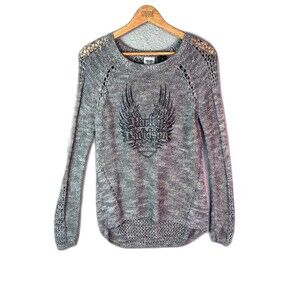 Harley Davidson Sweater Medium Gray High Low Open Knit Logo Cotton Blend